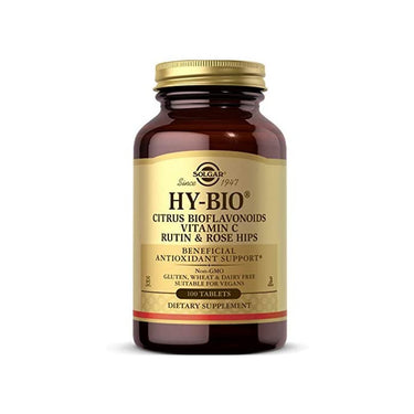 A bottle of Solgar Hy-Bio 100 tablets (500 mg vitamin C with 500 mg bioflavonoids) on a white background.